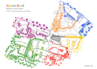 A map of Musgrove Park Hospital that is sectioned in different colours