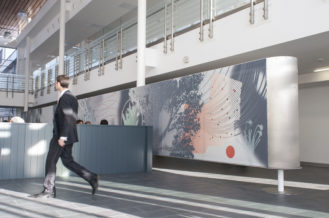 Large printed screen depicting the history of the 'Eisenhower' Tree and Musgrove Park Hospital
