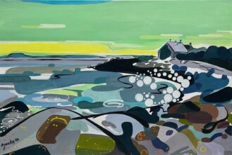 A small Fisherman's cottage overlooking a bay swirling with blues, greys, greens and sparkles of light catching the water