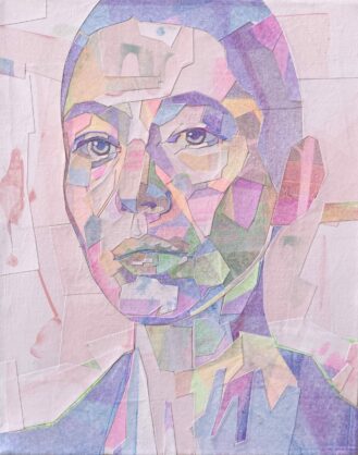 Collage using hues of pink and purple to create a woman's face