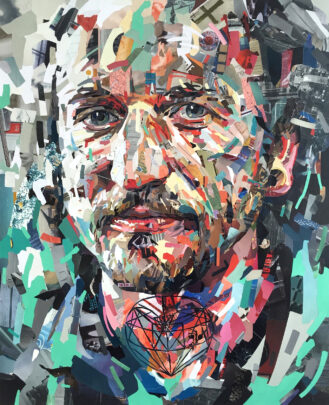 Collage using colours through green and grey to patches of red/pink to create a man's face