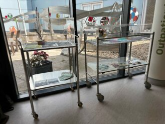 Two acrylic display cases on wheels