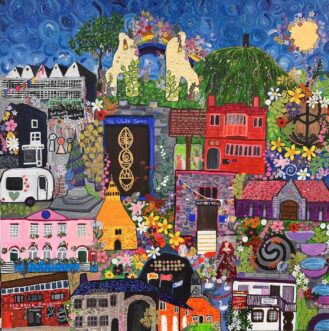 A bright colourful image of landmarks within Glastonbury