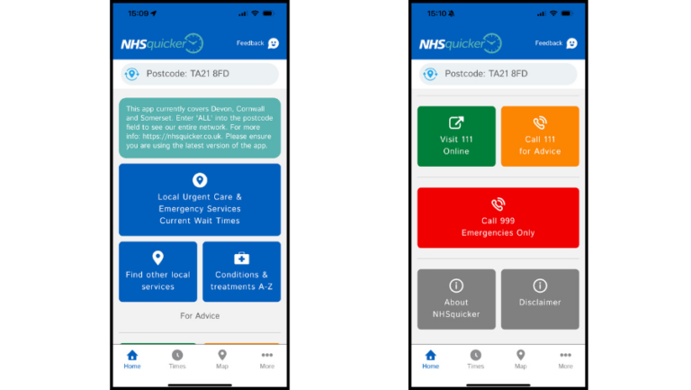 Two screenshots of the NHSquicker app. The first screen shows a postcode box and buttons for local urgent care wait times, other local services, and conditions A–Z. The second screen shows buttons to visit 111 online, call 111 for advice, call 999 for emergencies, and links for app info and disclaimer.