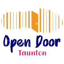 A logo image for Open Door Taunton that consists of a orange footprint and below in dark blue text are the words 
