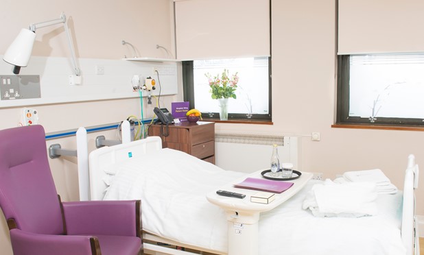 Hospital room with a neatly made bed, tray table with a glass of water and book, purple chair, bedside cabinet with flowers, and two windows with partially drawn blinds.