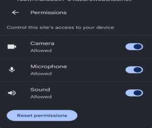 Image shows a list of three options from a permissions menu. The top one is "camera". The middle one is "microphone". The bottom one is "sound". To the right of all three options, there is a slider to enable or disable each option; all three are shown as slid to the right to depict that these settings have been enabled.