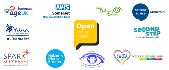 A collection of logo which include the Open Mental Health, Somerset age UK, Somerset NHS Foundation Trust, Somerset Mindline, Spark Somerset, Rethink Mental Illness, Somerset Citizens Advice, Second Step, Sweda and more.