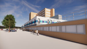 An image of the existing front of the Yeovil Hospital with the new modular building on top of the first floor part of the hospital. The new modular building is going to be a light grey with a green stripe around. 