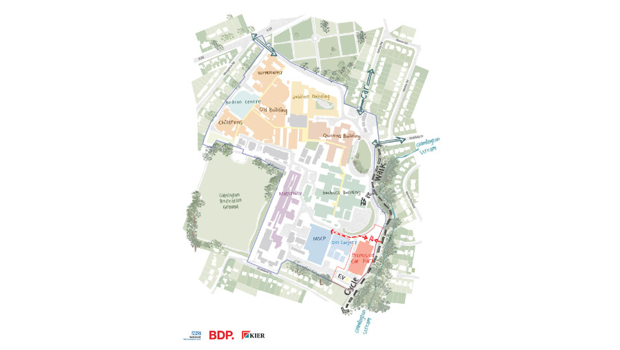 Site plan of Musgrove Park Hospital with the proposed car park indicated in red.