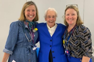 Volunteer Joyce Standring is stood inbetween care of the elderly consultants Doctor Lucy Pollock and Doctor Vikky Morris.