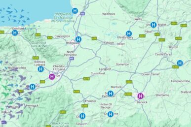 A map of Somerset with the locations of the community services provided by NHS Somerset.