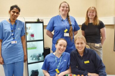 A photo of five audiologists stood in the children's audiology room at Musgrove Park Hospital.