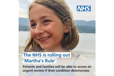 Smiling child with shoulder-length hair standing outdoors near a lake with mountains in the background. NHS logo is visible in the top right corner. Overlaid text reads: 'The NHS is rolling out Martha's Rule. Patients and families will be able to access an urgent review if their condition deteriorates.