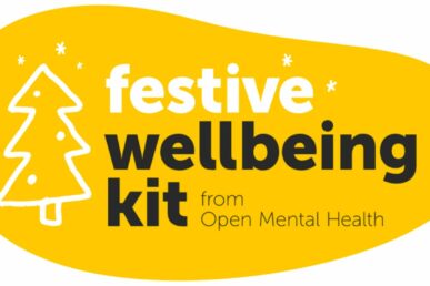 A yellow graphic that says 'festive wellbeing kit from Open Mental Health'.
