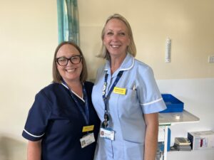 Two colleagues from Somerset's chemotherapy service stood in a clinic room at Wellington Hospital.