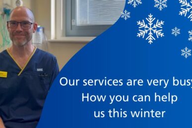 A photo of an emergency nurse practitioner inside a graphic that says our services are very busy, how you can help us this winter.