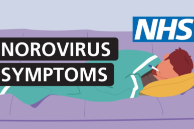 A graphic of a person unwell in bed, with the words 'norovirus symptoms' in white writing on a black background.