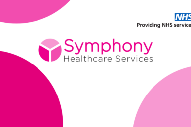 A pink and white graphic with Symphony Healthcare Services written on it, with an NHS logo at the top right.