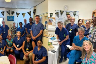 Two photos - the left one shows colleagues from the Bowel Cancer Screening Programme at Musgrove Park Hospital standing in a room with food and drink, where they're celebrate the programme's 20th anniversary. The right side photo is the same, but for Yeovil Hospital colleagues.