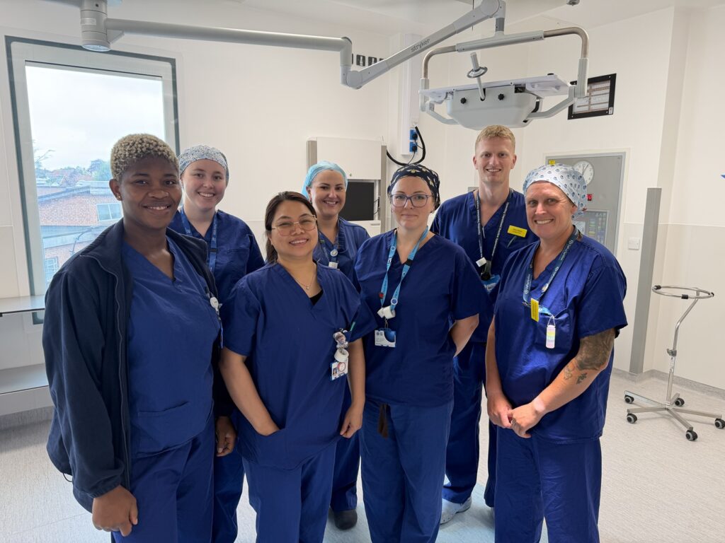 A photo of the general theatres team in the King's Building at Musgrove Park Hospital.