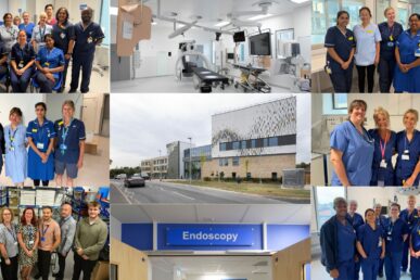 A collage of photos of the teams that will be working in the King's Building surgical centre at Musgrove Park Hospital, along with some photos of inside and outside of the building itself.
