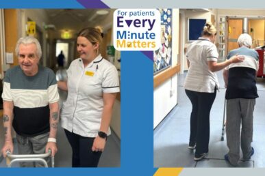 A photo of a physiotherapist assisting a male patient with a walker on a hospital ward.