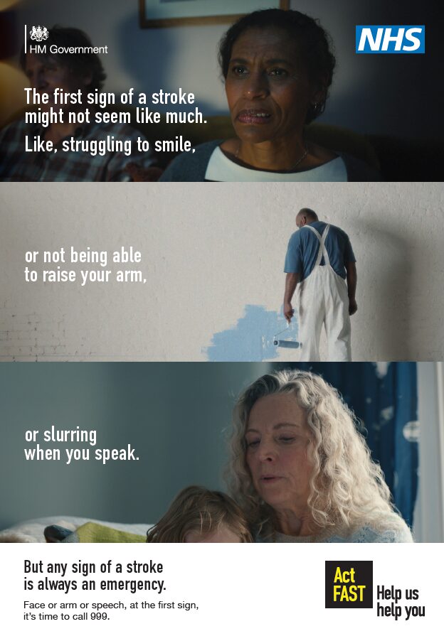 NHS and HM Government Act FAST stroke awareness poster. The poster highlights three possible signs of stroke: difficulty smiling, inability to raise an arm, and slurred speech. It states: “But any sign of a stroke is always an emergency. Face or arm or speech, at the first sign, it’s time to call 999.” The Act FAST logo and “Help us help you” message appear at the bottom.