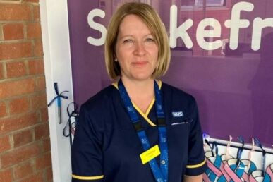A photo of lead bereavement midwife Jo Beebee stood outside the maternity unit at Musgrove Park Hospital.
